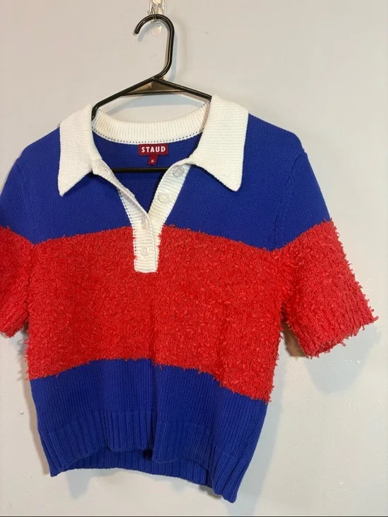 STAUD Spencer Top in Hibiscus & Atlantic Rugby Stripe Red White and Blue Texture - Picture 3 of 10